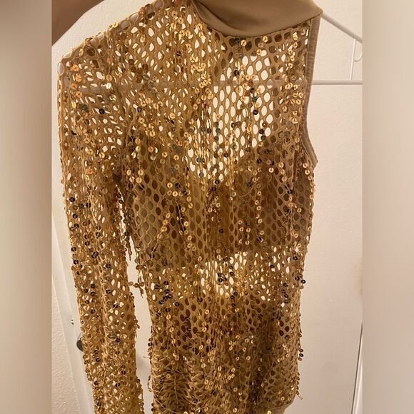 Kelle solo dance jazz acro costume gold fishnet fringe leotare SA-Small adult - Picture 5 of 12